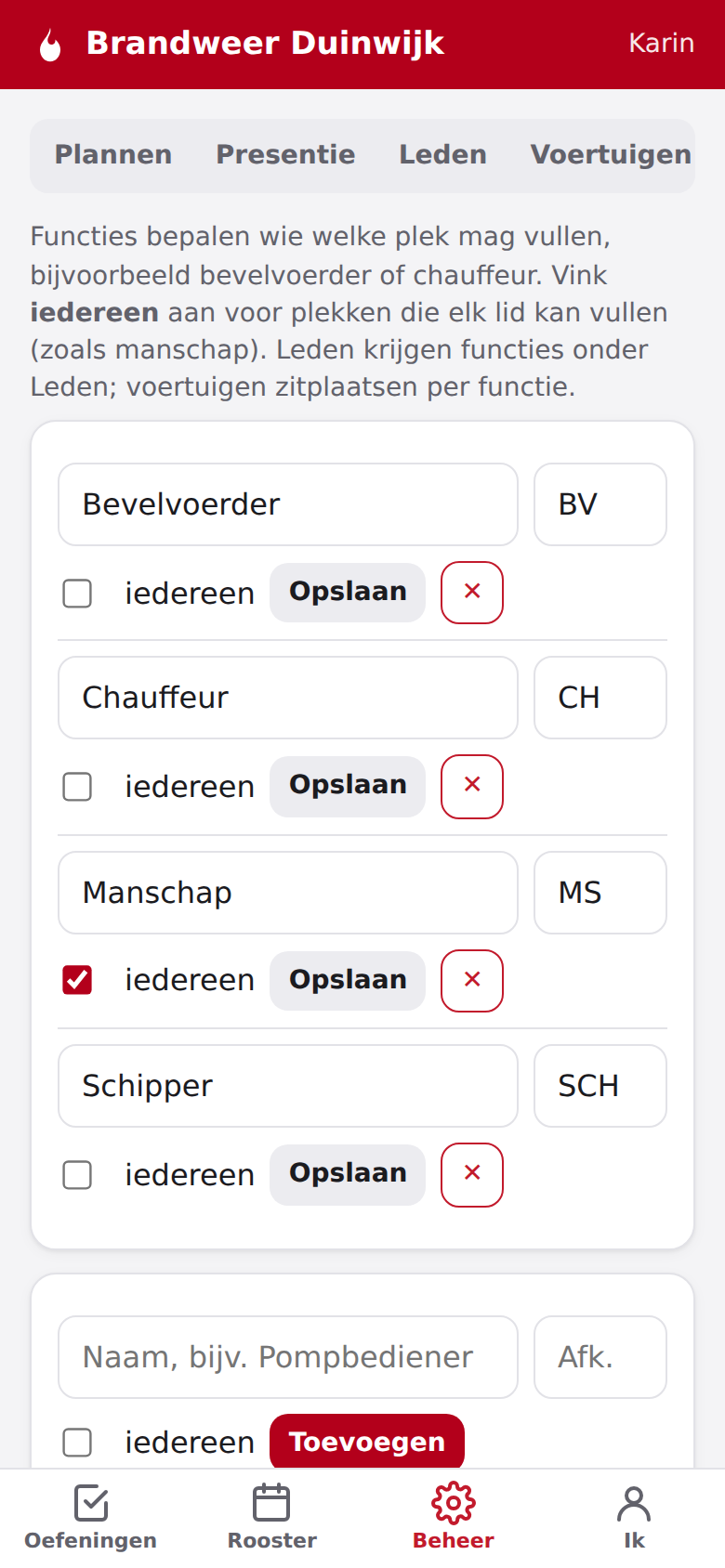 Screenshot: Functies instellen