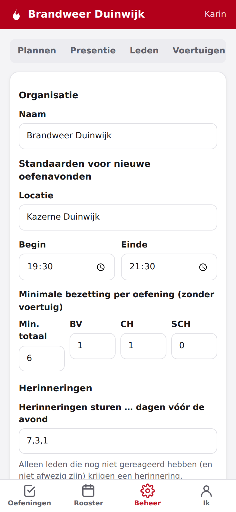Screenshot: Instellingen, zoals bewaartermijnen en het kazernescherm