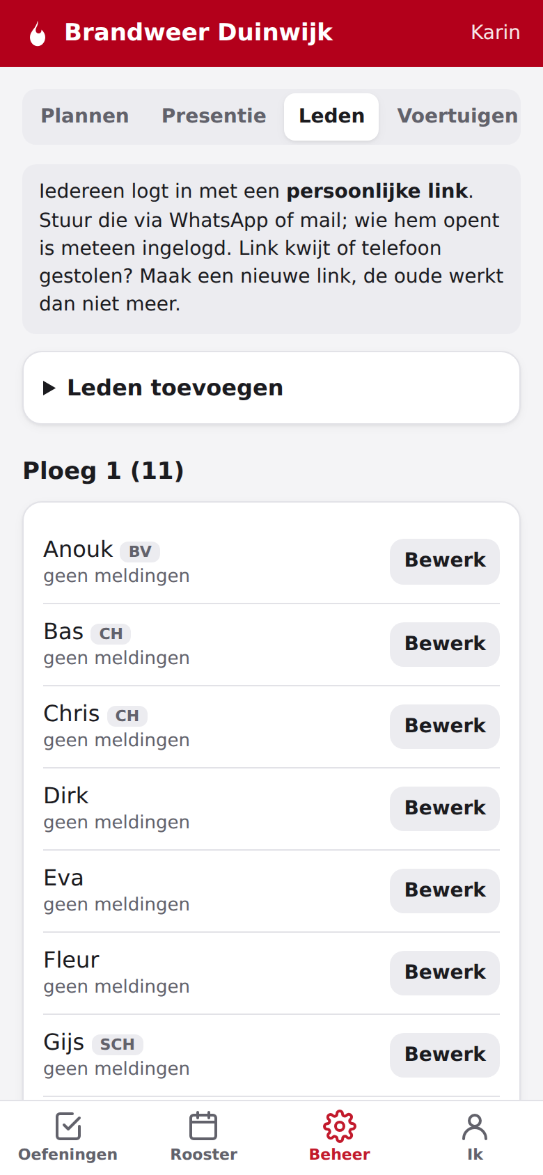 Screenshot: Leden beheren