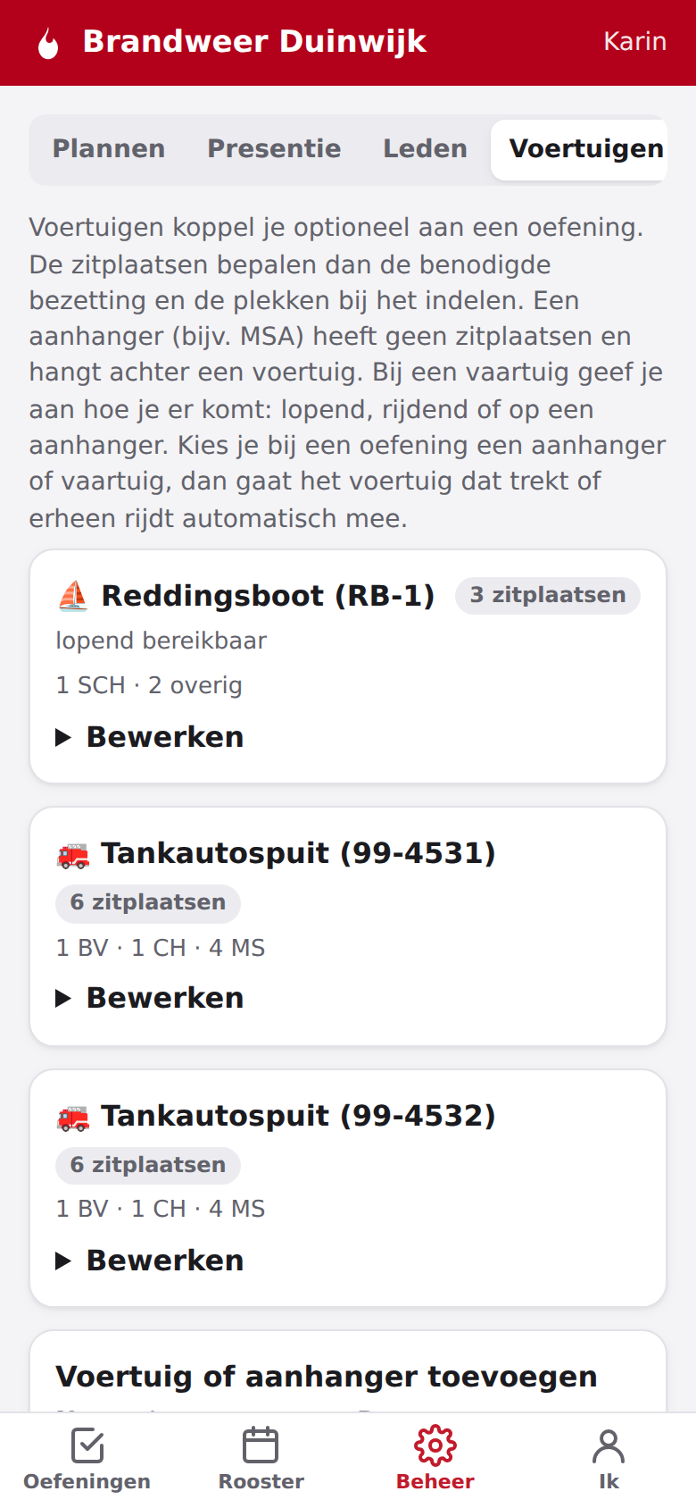 Screenshot: Voertuigbeheer met zitplaatsen per functie