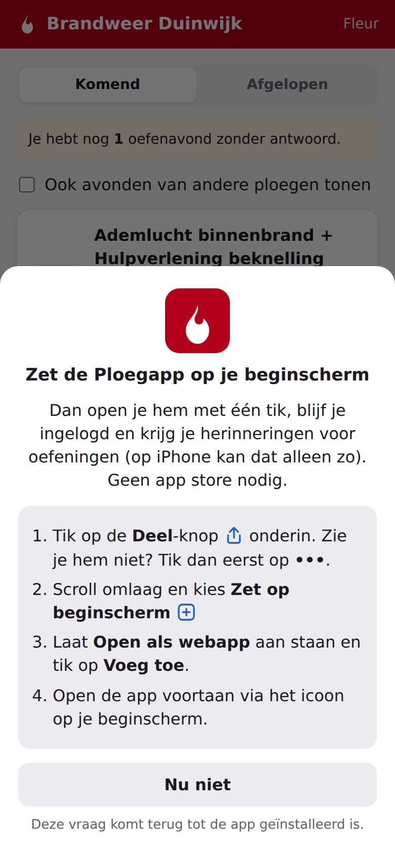 Screenshot: Uitleg om de app op je beginscherm te zetten