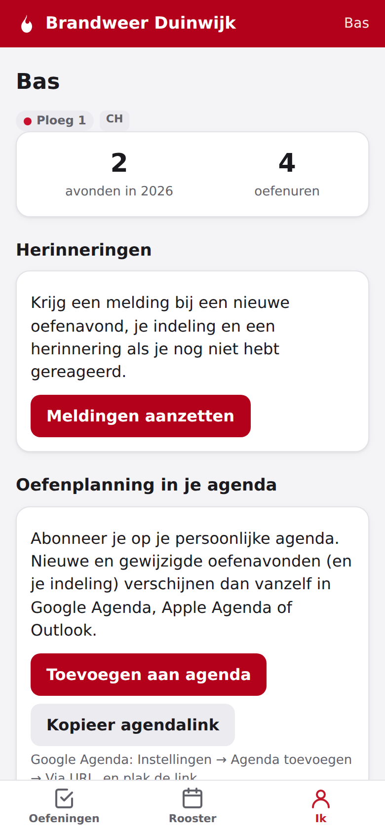 Screenshot: Meldingen, agenda en je eigen oefenuren
