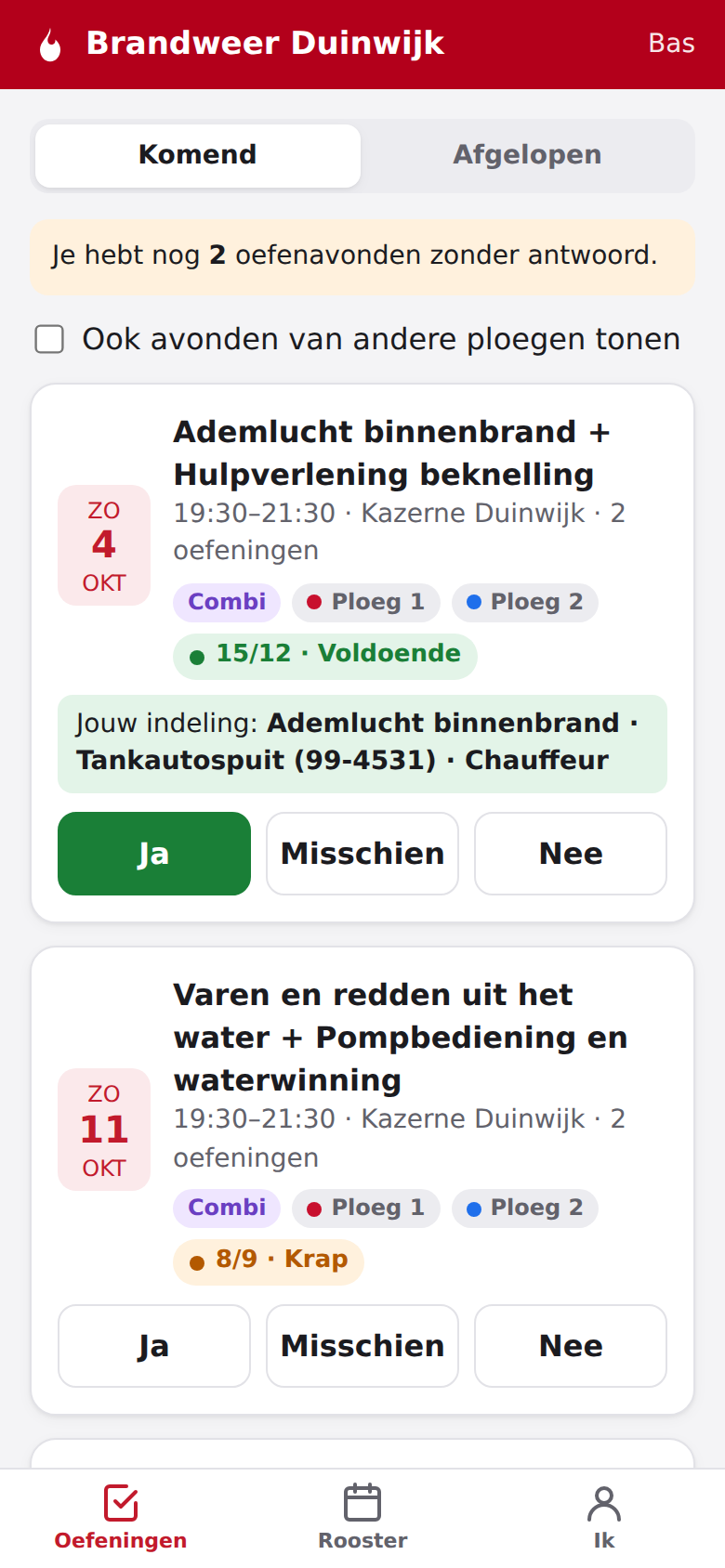 Screenshot: Het overzicht van een ploeglid: de komende oefenavonden en de eigen indeling