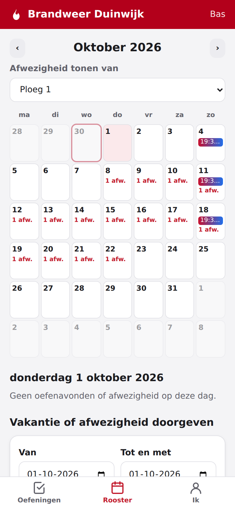 Screenshot: Het rooster met oefenavonden en afwezigheid