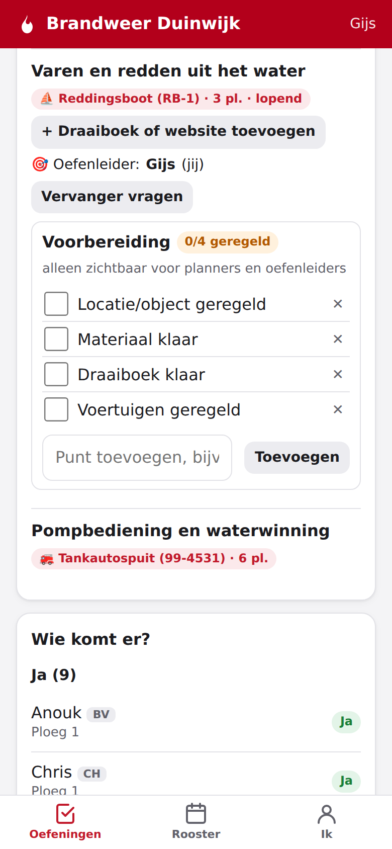 Screenshot: Oefenleider: draaiboek toevoegen of een vervanger vragen