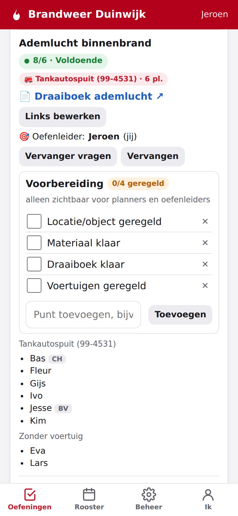 Screenshot: Een oefening met draaiboek, oefenleider en indeling