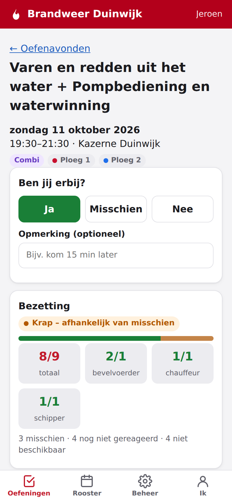 Screenshot: Bezetting: krap, afhankelijk van wie "misschien" zei