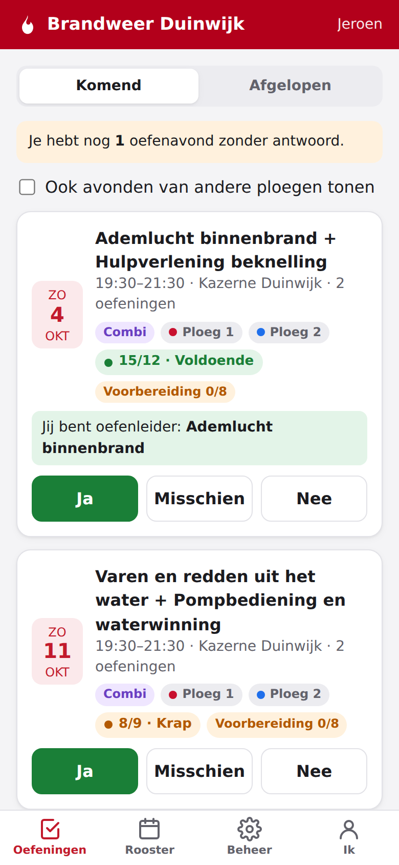 Screenshot: Het overzicht met de openstaande avonden