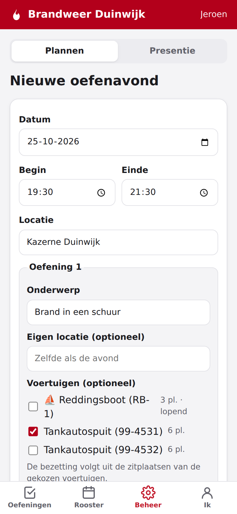 Screenshot: Een oefenavond plannen