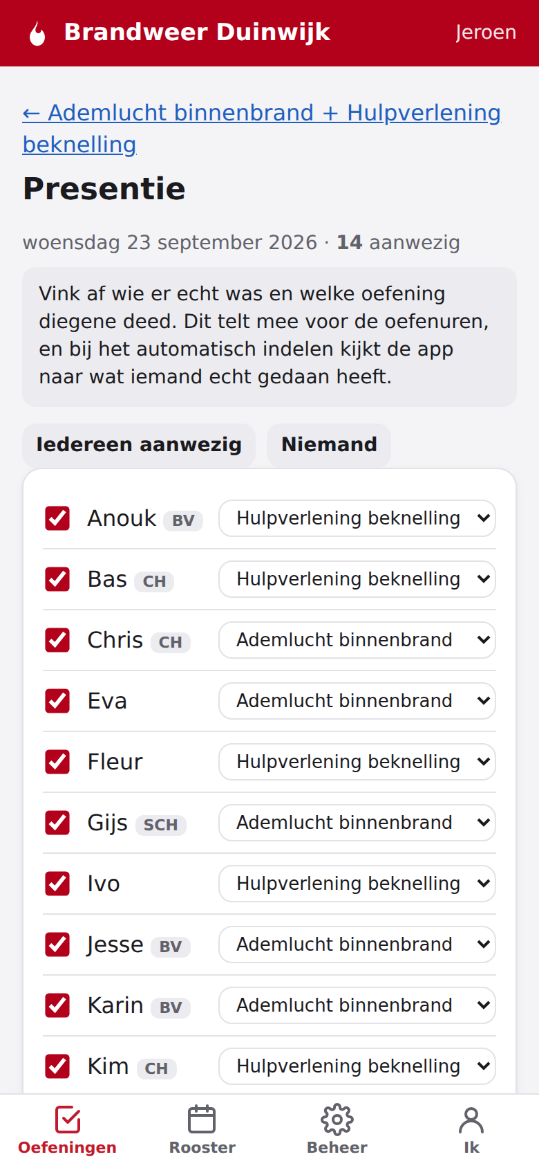 Screenshot: Presentie invullen na de avond